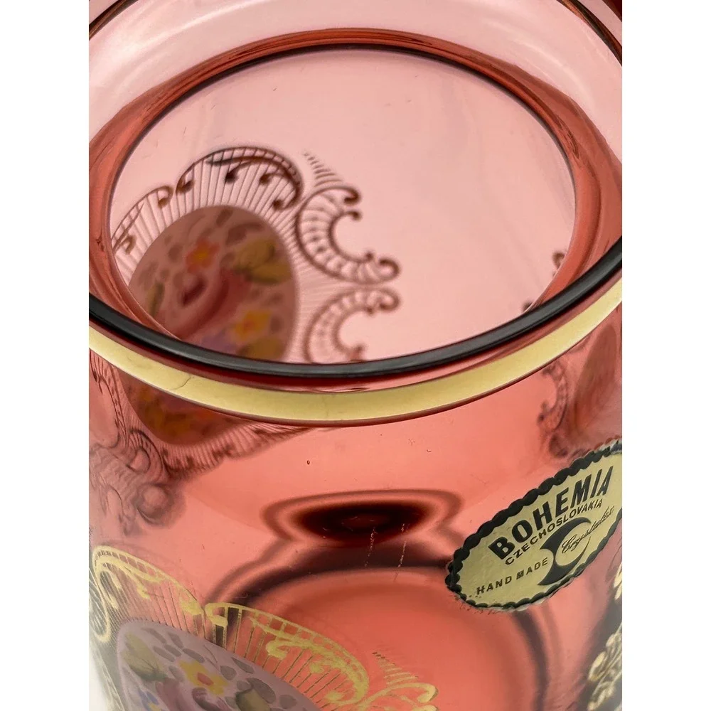 Vintage Bohemian‎ Cranberry Glass Vase Hand Painted Enamel Gold Czech Crystalex